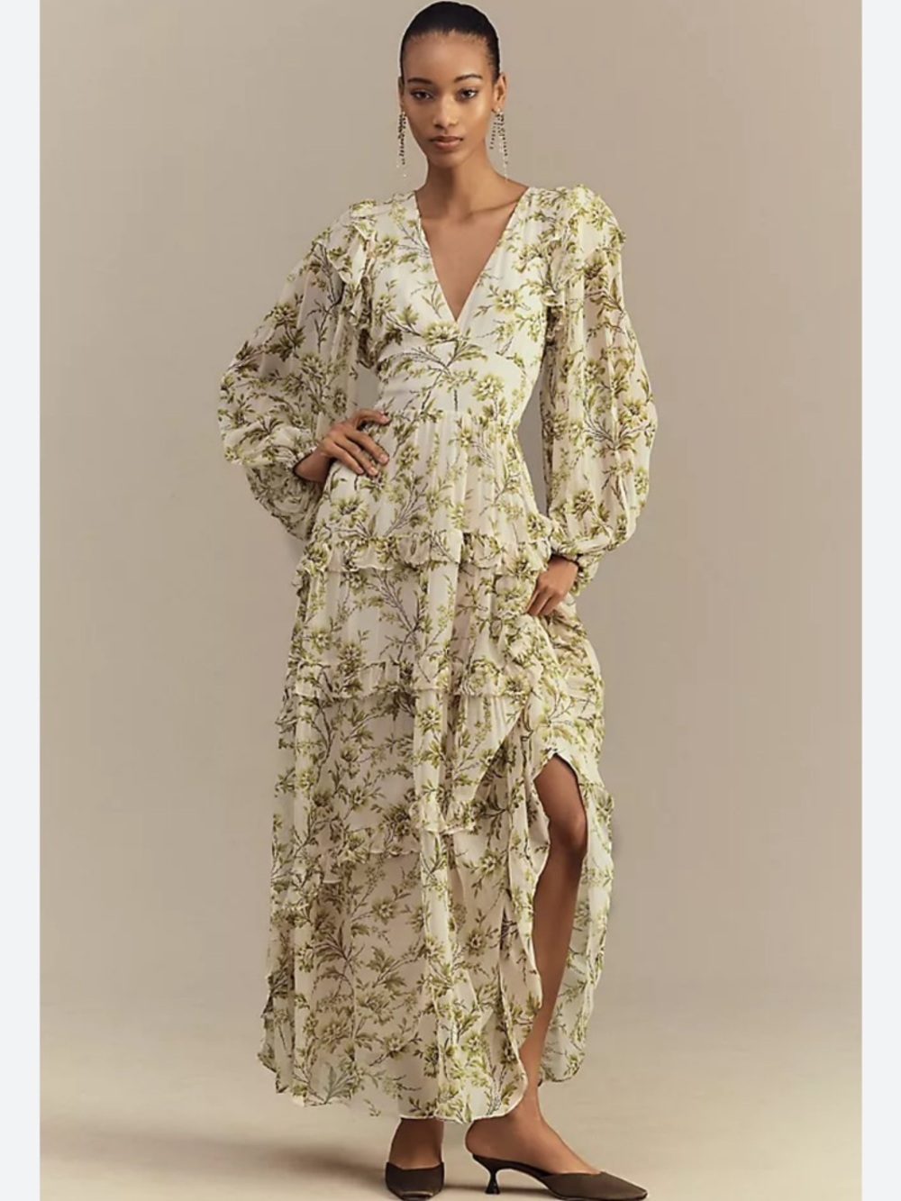 BHLDN Anthropologie Liana Printed V-Neck Long-Sleeve Maxi Dress size Medium